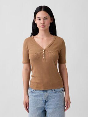 Gap Women's Med Modern Ribbed V-Neck Henley Top Kola Nut Color 60% off Retail